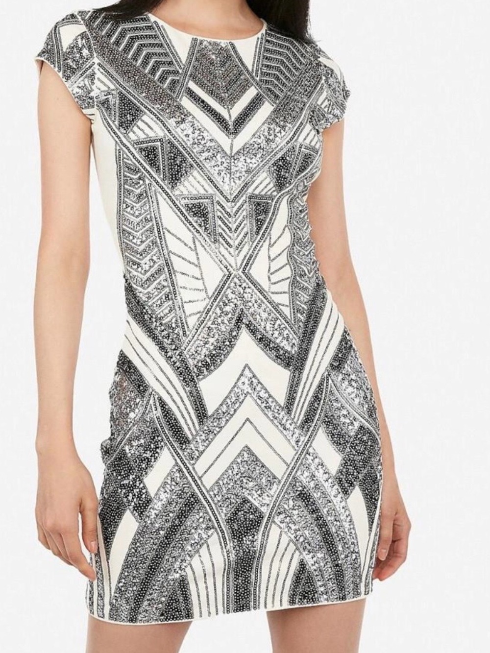 Express Embellished Black & White & Silver Sequin Sheath Dress…